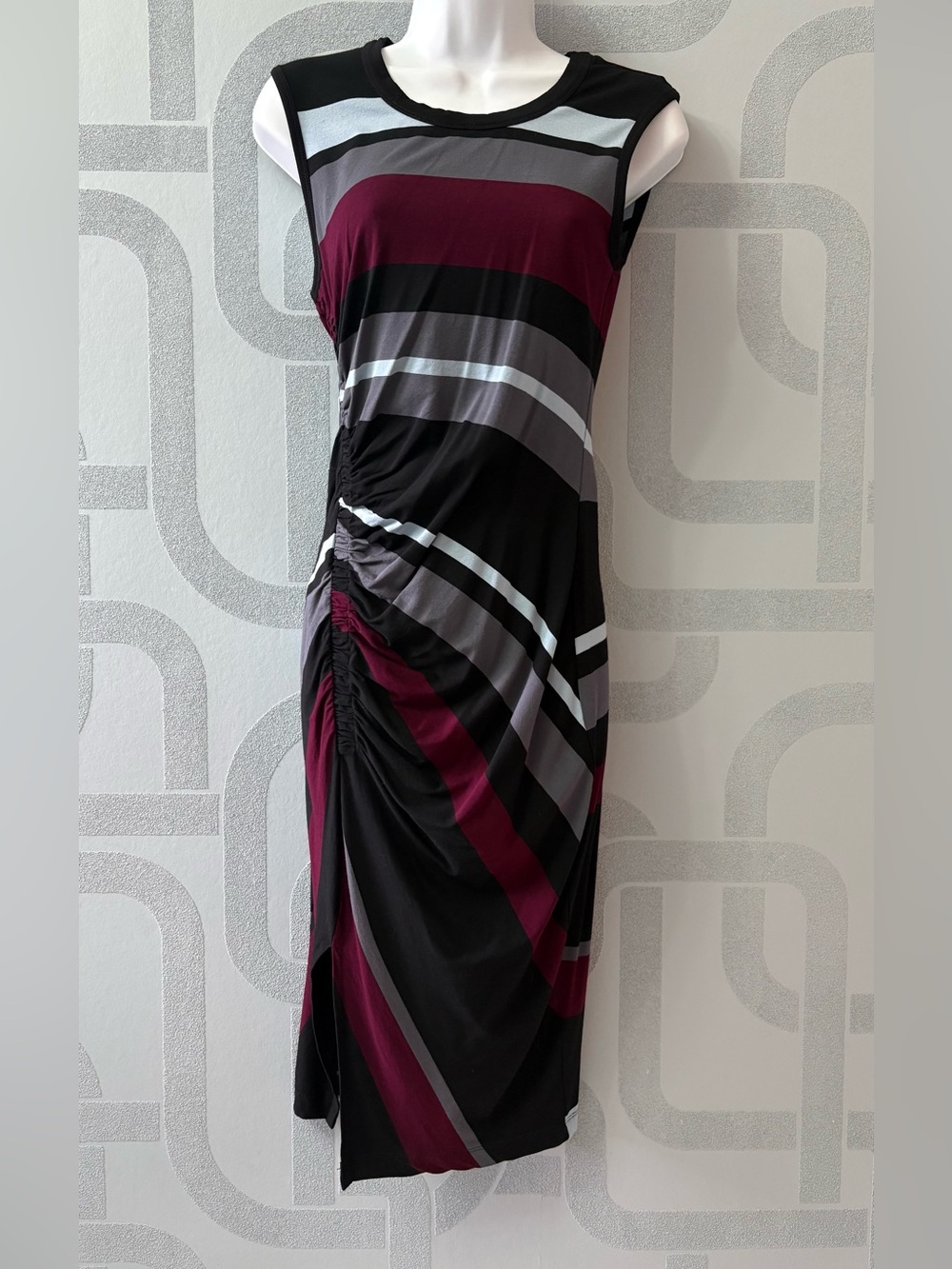 le chateau Black, Burgundy & Gray Striped Midi Dress